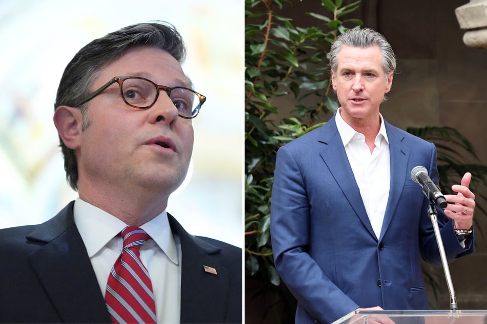House Speaker Mike Johnson (l.) recently suggested California Governor Gavin Newsom should face a bizarre form of public punishment for his leadership.