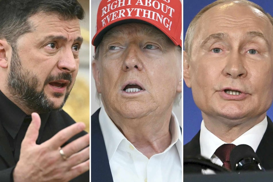 US President Donald Trump (c) on Monday criticized an alleged Ukrainian drone attack on Russian leader Vladimir Putin's (r) residence – strikes which Ukraine's leader Volodymyr Zelensky (l) denies.
