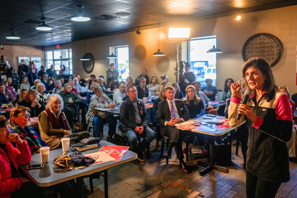 Nikki Haley speaks with supporters at Doc's Barbecue during a campaign stop in Columbia, South Carolina, on February 1.