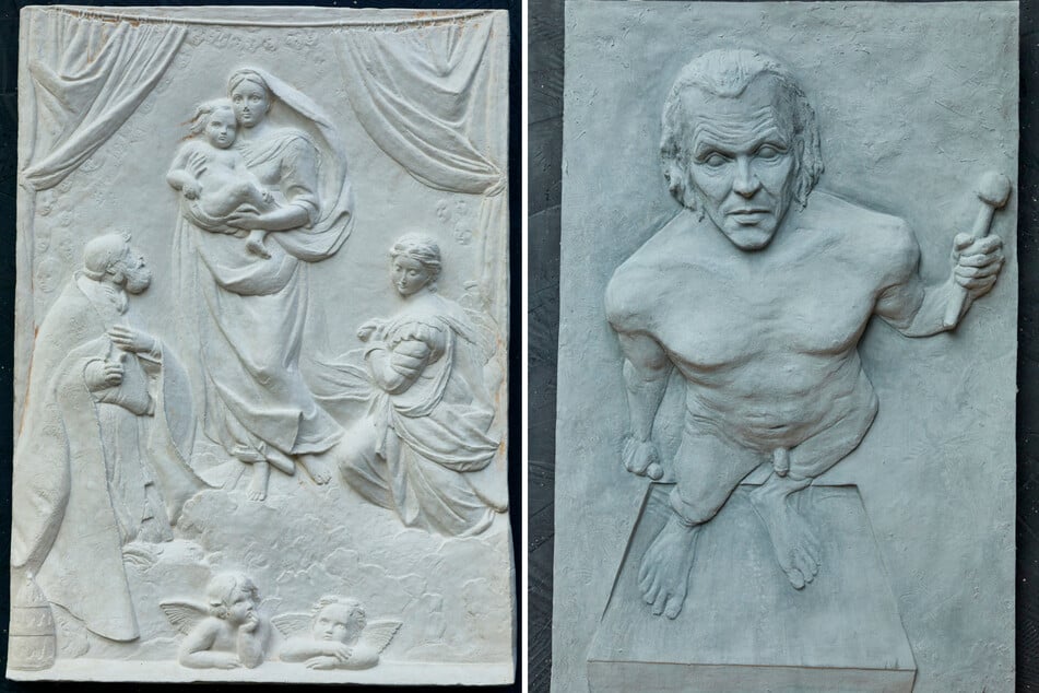Das Relief "Die Sixtinische Madonna" (l.) fertigte 2012 Ralf Aßmann an. Johanna Prestel empfand ein Relief des südafrikanischen Bildhauers Evan Penny (r.) nach.