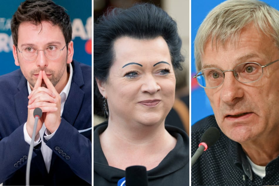 Dennis Hohloch (31, l.), Birgit Bessin (42) und Hans-Christoph Berndt (64) stellen sich am Dienstag bei der Kampfabstimmung für den Fraktionsvorsitz der AfD in Brandenburg zur Wahl.