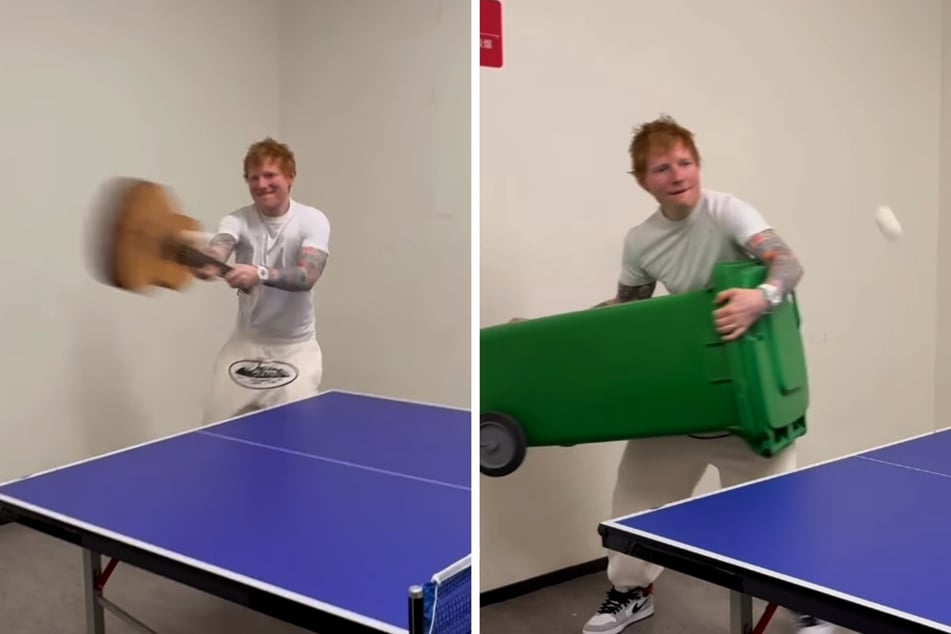 Viele spielen Tisch-Tennis mit einem Schläger - Ed Sheeran (34) hat da so seine ganz eigene Methode.