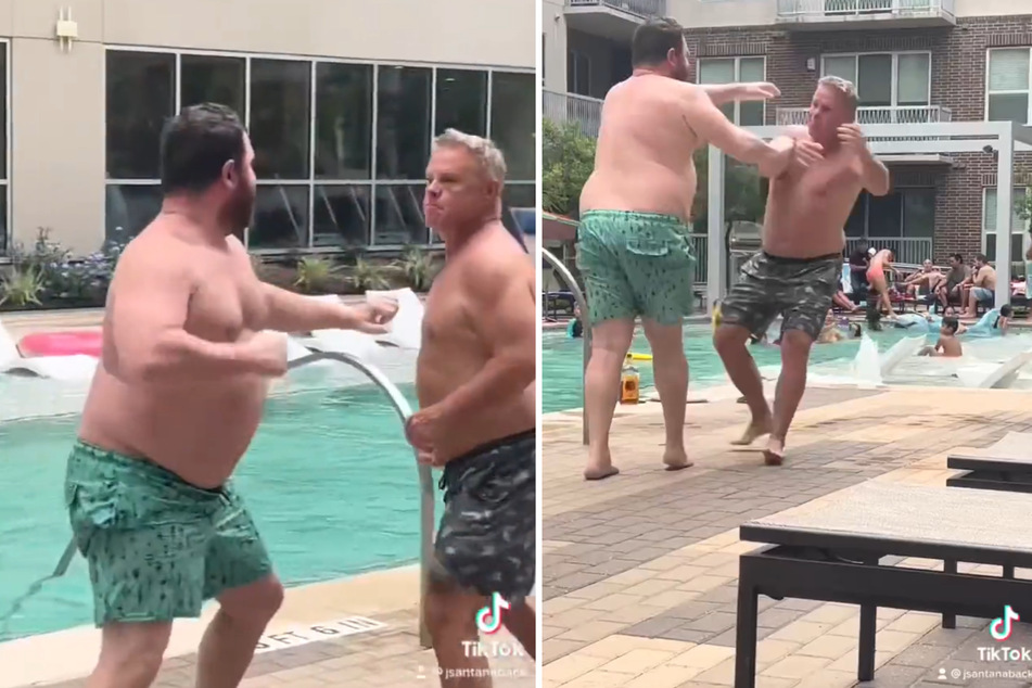 The opponents traded punches poolside with bystanders and kids watching.