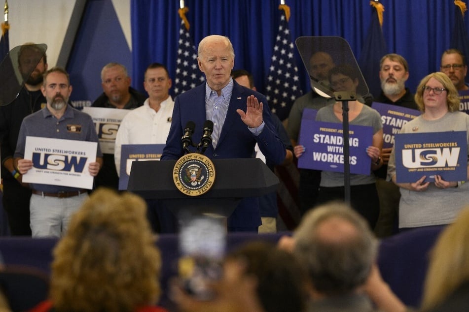 President Joe Biden speaks to members of the United Steel Workers at the union's headquarters in Pittsburgh, Pennsylvania, on April 17, 2024.