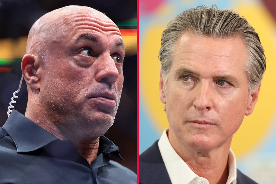 California Governor Gavin Newsom (r.) said that Joe Rogan is too "chicken" to have him on his show.
