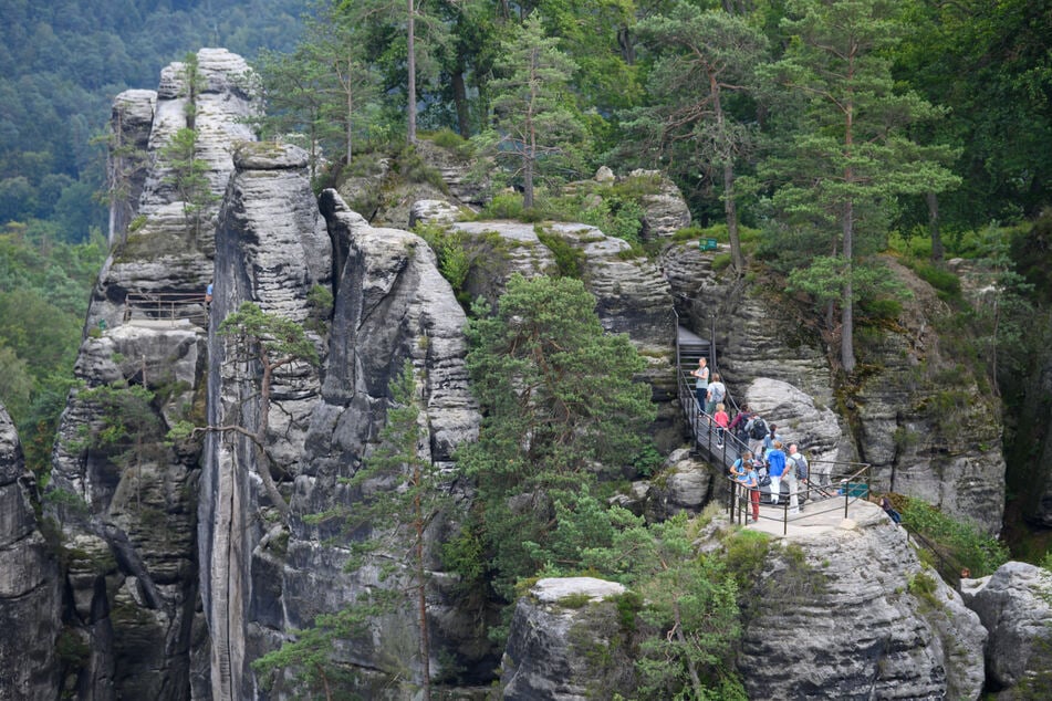Touristen stehen im Nationalpark Sächsische Schweiz auf einer Aussichtsplattform der Felsenburg Neurathen. (Archivfoto)