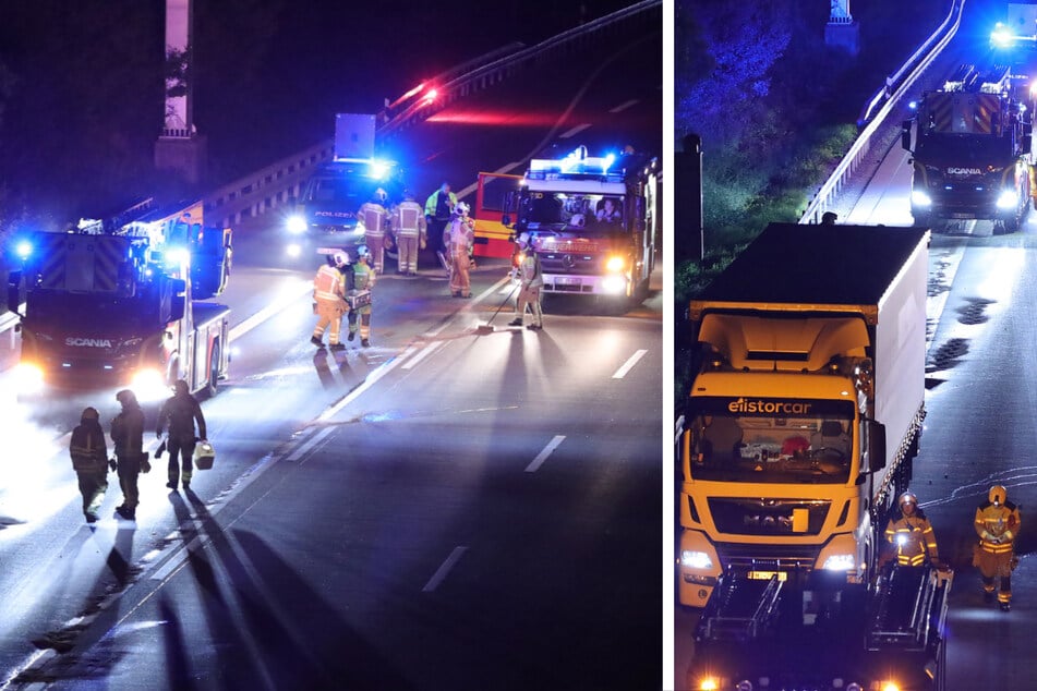 Der Laster (rechts) kam in der Nacht nicht mehr weiter. Die Einsatzkräfte konnten die Panne schnell entschärfen.