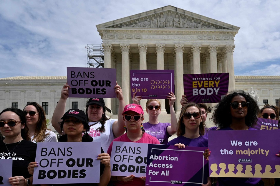 Abortion rights advocates outside the Supreme Court in April 2023.