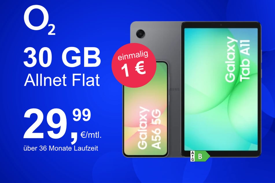Das Samsung Galaxy A56 5G + Galaxy Tab A11 WiFi im o2 Mobile M für einmalig 1 Euro.