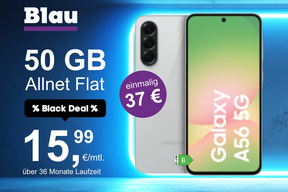Das Samsung Galaxy A56 5G im Blau Allnet XL für einmalig 37 Euro.