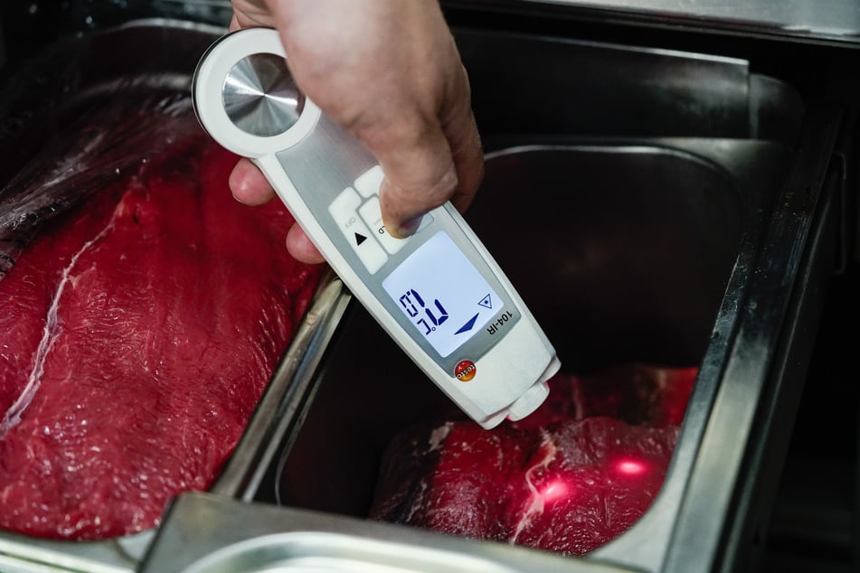 Ein Lebensmittelkontrolleur hält ein Thermometer an Fleischstücke. Eine lückenlose Überprüfung ist in Bayern nicht möglich.