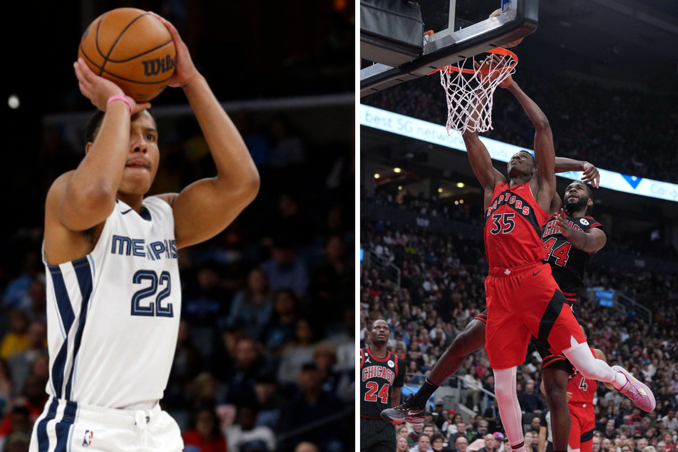 Left: Memphis Grizzlies guard Desmond Bane shoots for three against the Washington Wizards at FedExForum. Right: Toronto Raptors forward Christian Koloko drives to the basket as Chicago Bulls forward Patrick Williams tries to defend at Scotiabank Arena.