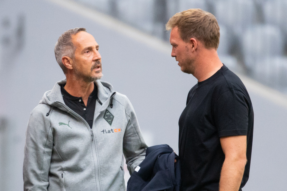 Julian Nagelsmann (34, r.) und der FC Bayern München bekommen es am 1. Spieltag der Bundesliga mit Borussia Mönchengladbach und Adi Hütter (51) zu tun.