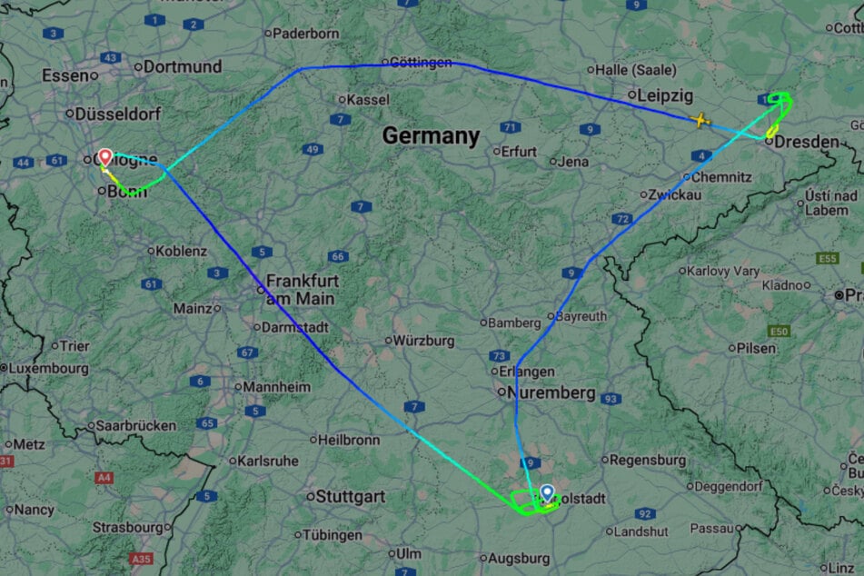 Im Zuge des Trainingsflugs flog die Maschine von Köln nach Ingolstadt, dann nach Dresden und wieder zurück.