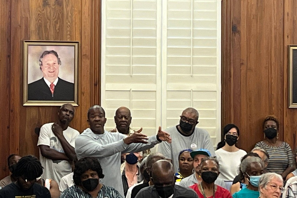 Gullah-Geechee people speak out against zoning changes that would erode protections on their historic Sapelo Island home during a McIntosh County Commission meeting in Darien, Georgia.