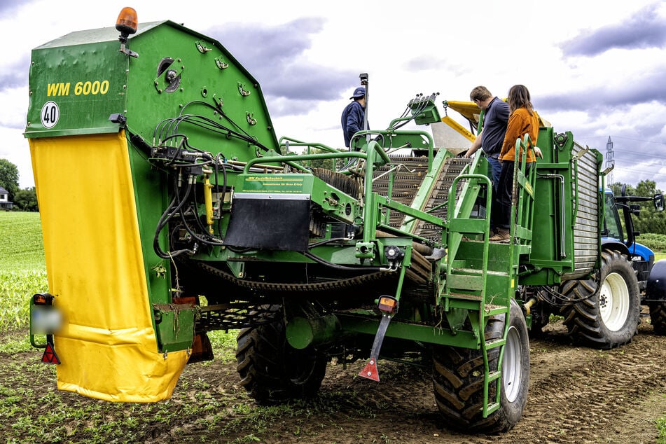 Ein Traktor mit angehängter Kartoffelerntemaschine (Symbolbild).