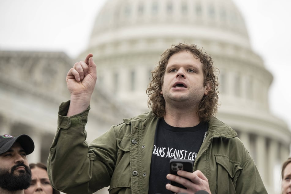 Greg Stoker speaks during a press conference on Gaza in Washington DC on May 14, 2025.