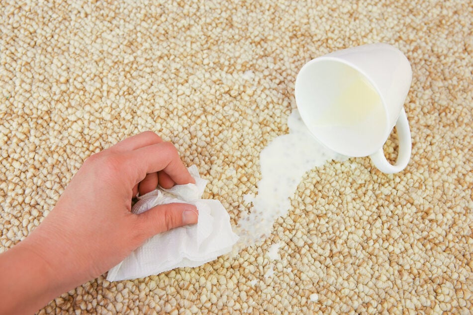 Flüssigkeiten können mit einem Tuch abgetupft werden. Bleiben Flecken, muss man den Teppich reinigen.