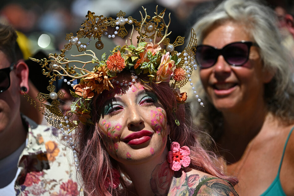 Fans watch as Cyndi Lauper performs on the Pyramid Stage during the Glastonbury Festival.