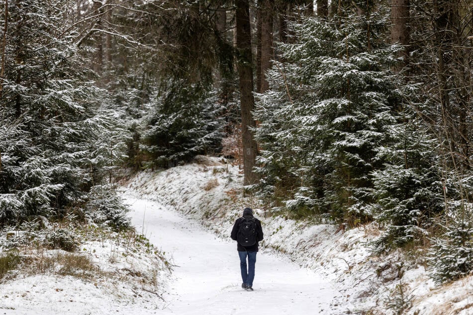 Ein Wanderer ist auf einem schneebedeckten Weg in Richtung Kickelhahn im Thüringer Wald unterwegs. (Archivbild)