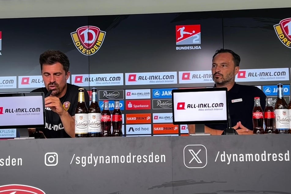 Thomas Stamm (42, l.) und Thomas Brendel (49) auf der Pressekonferenz vor dem Zweitliga-Start.