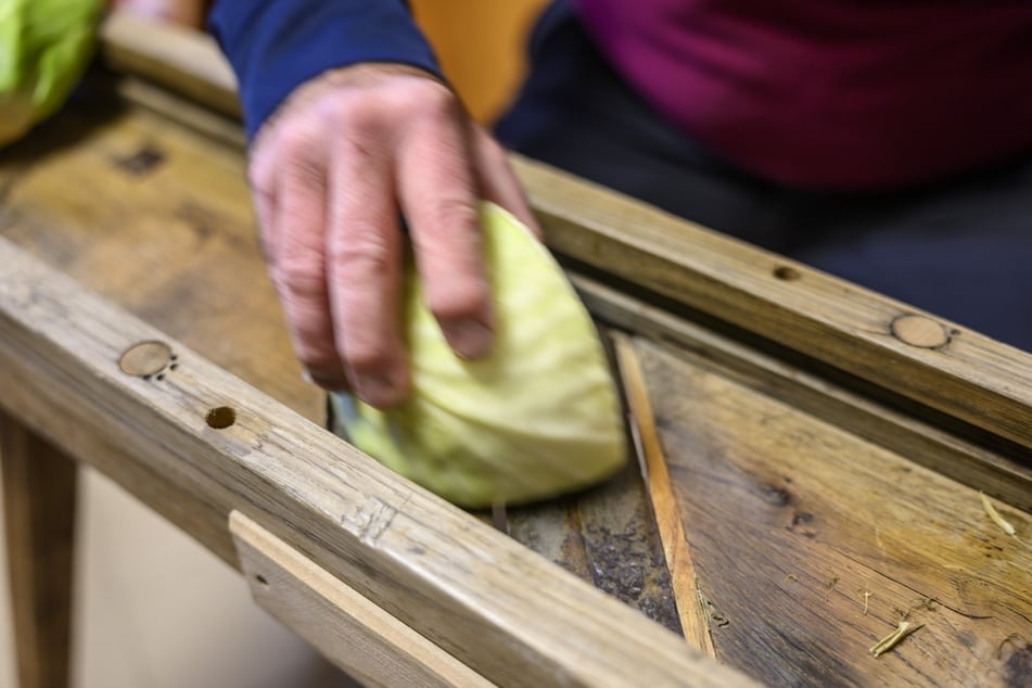 Das Kraut wird über die Hobelmesser geschoben.