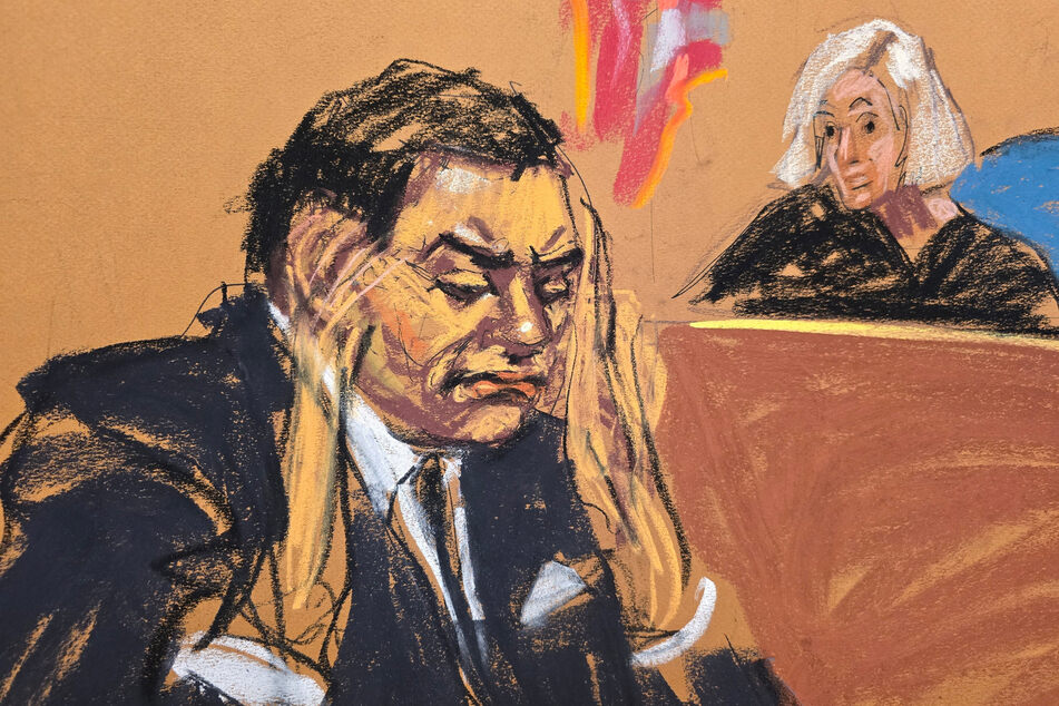 A courtroom sketch depicts George Santos reacting before US District Judge Joanna Seybert as he pleads guilty to criminal corruption charges.