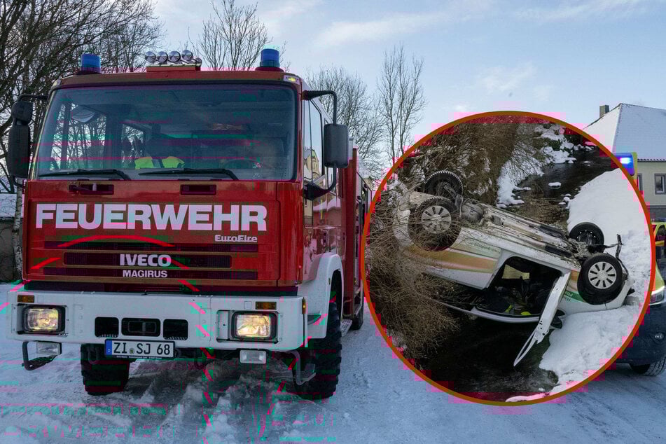 Glatteis auf Straße fordert Tribut: Fahrerin (29) landet kopfüber im Graben