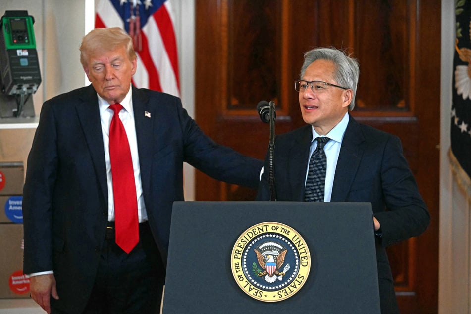 Nvidia CEO Jensen Huang (R) speaks alongside President Donald Trump (L) about investing in America, at the White House in Washington, DC, on April 30, 2025.