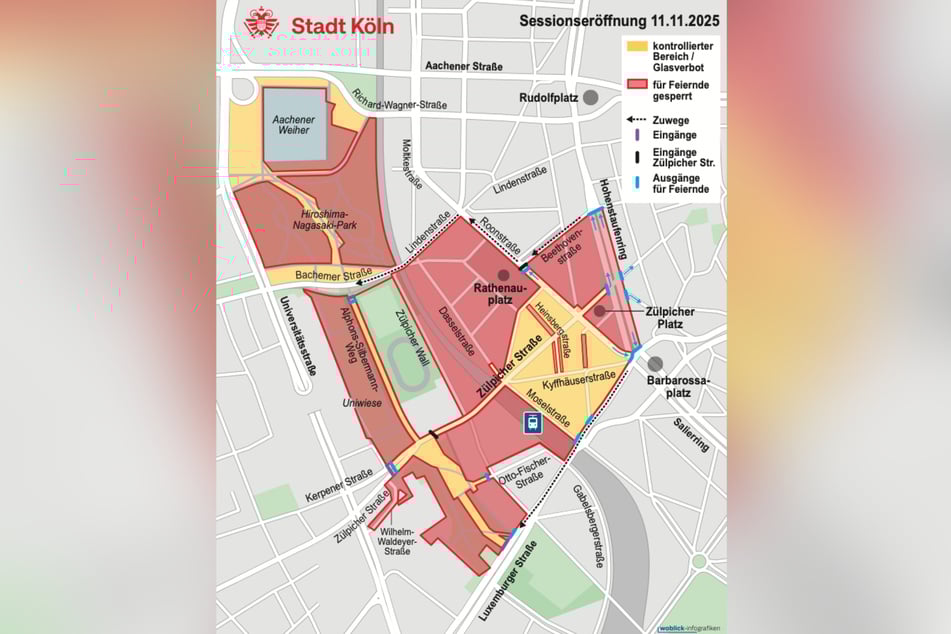 Die rot eingefärbten Bereiche dürfen von Feierwütigen Jecken nicht betreten werden. In den gelben Bereichen gibt es kontrollierten Zugang, das bedeutet an den Eingängen finden Durchsuchungen auf gefährliche Gegenstände und Glasflaschen statt.