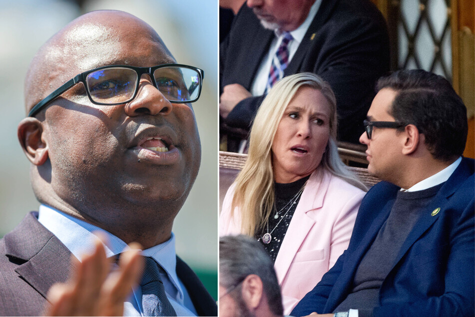 Congresswoman Marjorie Taylor Greene got into a shouting match with fellow representative Jamaal Bowman (l.) over the possible expulsion of Rep George Santos (r.).