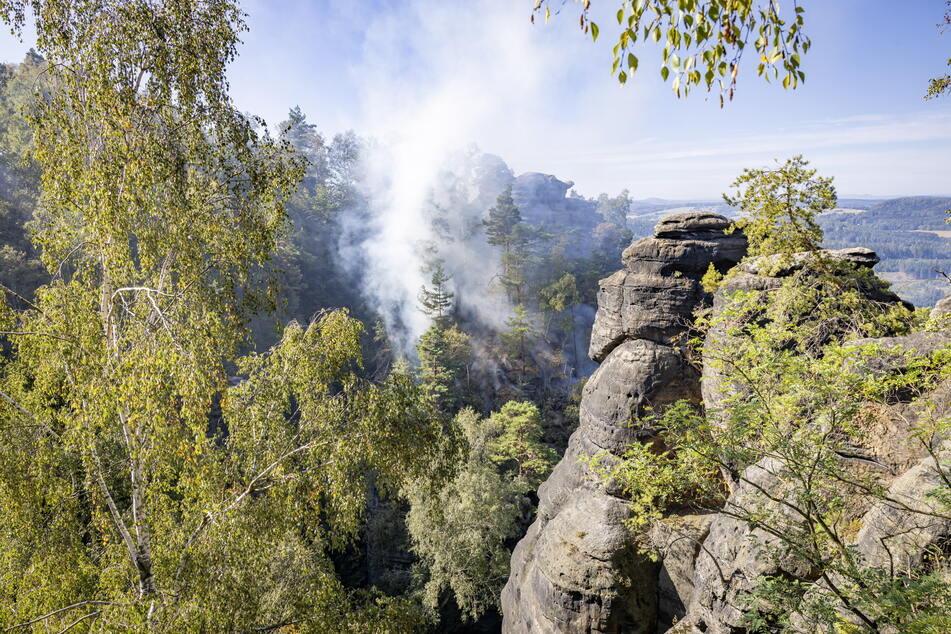 Am Sonntagmorgen brach auf dem Pfaffenstein, Südseite Nähe Wilder Turm, in der Sächsischen Schweiz ein Waldbrand aus.