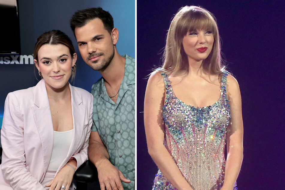 Taylor Lautner and his wife, Tay (l.), dished on their secret collaboration with Taylor Swift (r.) during a recent episode of their podcast.