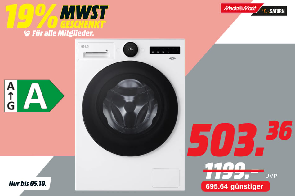 LG-Waschmaschine F4WX809YC AI Wash Serie 8 für 503,36 statt 1.199 Euro.