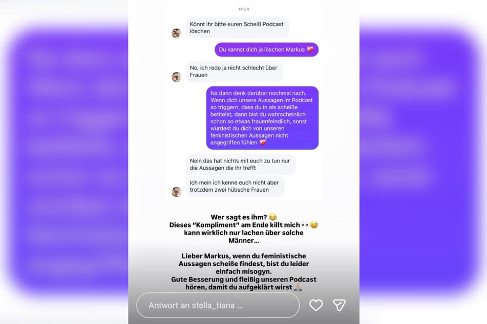 Die 29-Jährige veröffentlichte den Screenshot eines Chat-Verlaufs mit einem Mann namens Markus als Instagram-Story.