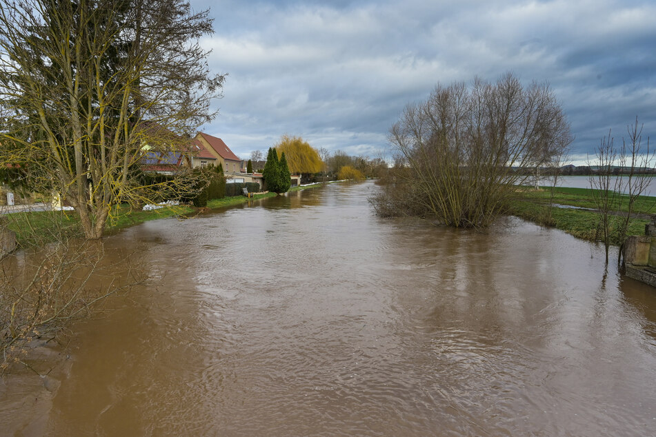 Das Wasser der Helme ist über das Ufer getreten und hat den Grundwasserspiegel in der Ortschaft Mönchpfiffel-Nikolausrieth ansteigen lassen.