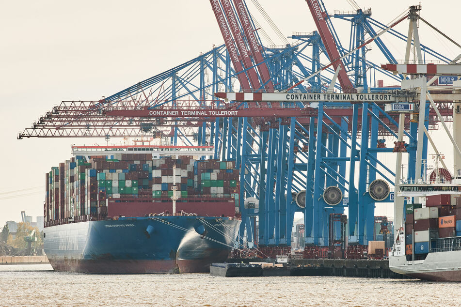 Blick auf die Kräne und ein Containerschiff im Hamburger Hafen am HHLA-Terminal Tollerort.