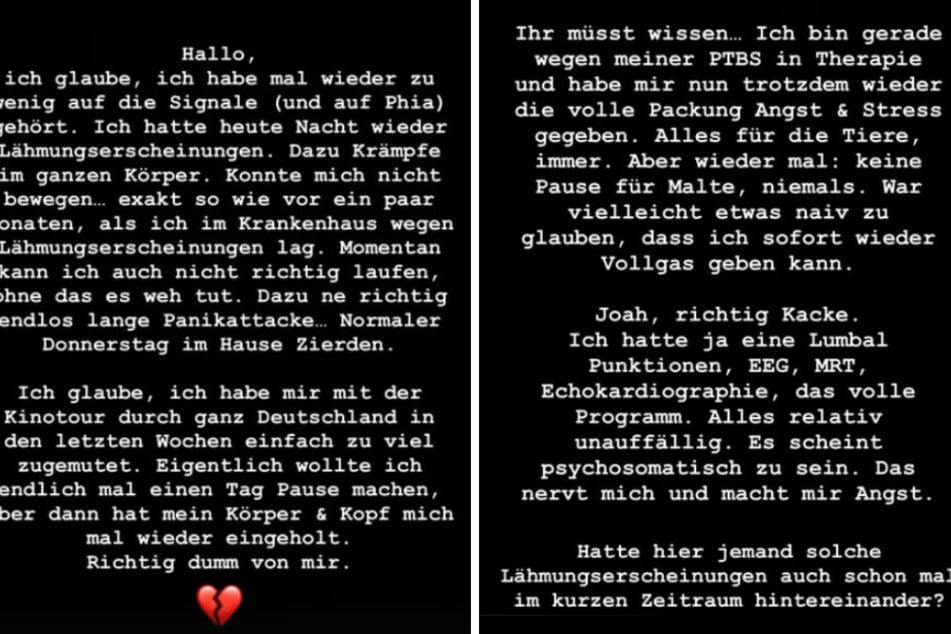 In seiner Instagram-Story schreibt 32-Jährige, dass seine körperlichen Ausfälle mit hoher Wahrscheinlichkeit psychosomatische Gründe haben.