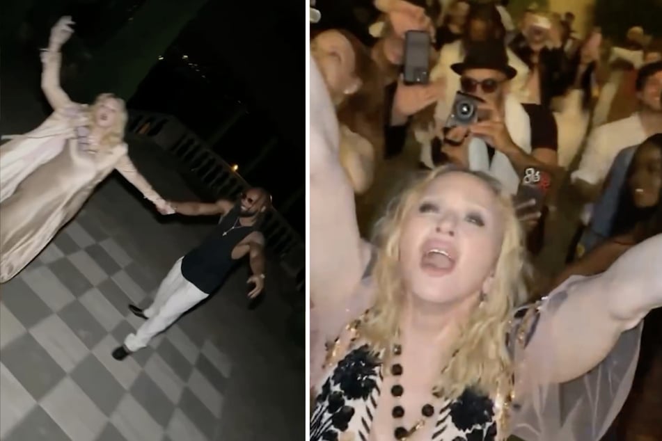 In den Video-Clips ist die festliche Stimmung deutlich spürbar und auch ihr Freund (28) ließ es sich nicht nehmen, ausgelassen mit Madonna (67) zu tanzen (linkes Bild).