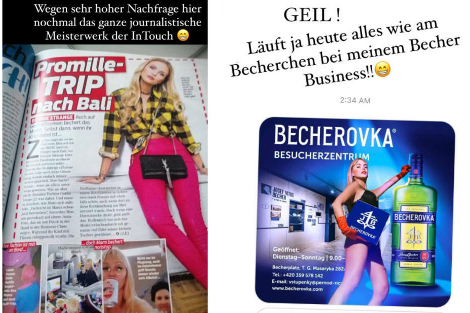 Links der Stein des Anstoßes, ein Artikel in einem bekannten Gossip-Magazin; rechts ein fiktives Werbeplakat, das Bonnie Strange als Werbeträgerin für "Becherovka" zeigt.