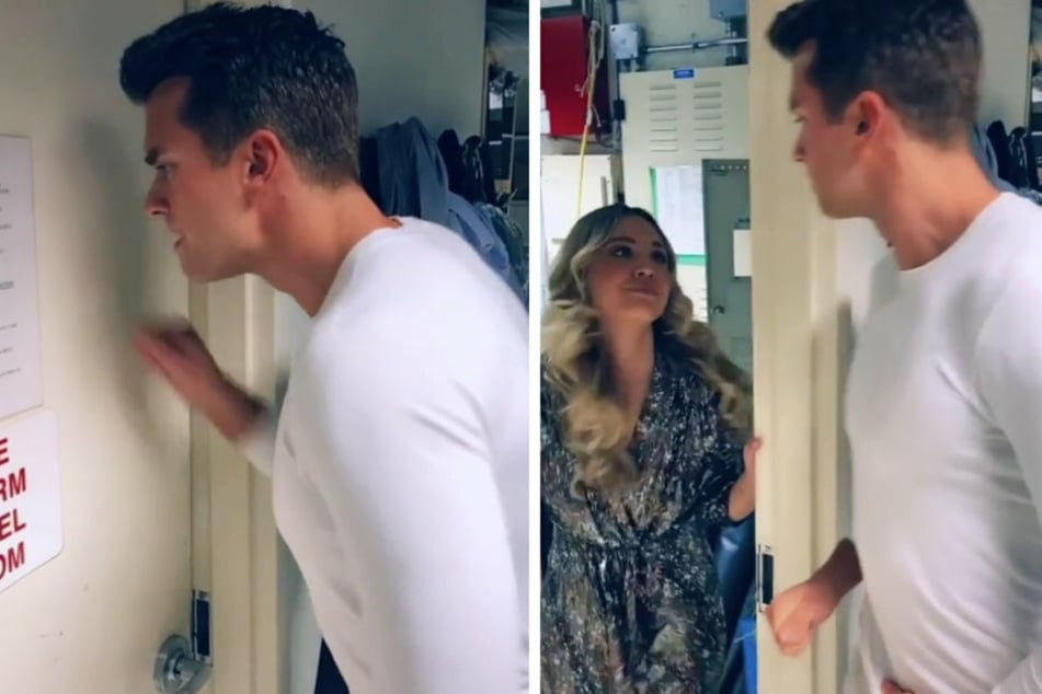 Shots from Pierson Fode (l) and Kaley Cuoco's re-enactment of the famous door battle from The Big Bang Theory on the TikTok.