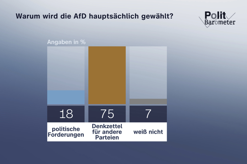 75 Prozent der Befragten sind der Ansicht, dass der Höhenflug der AfD in erster Linie daher rührt, dass die Wähler den anderen Parteien einen Denkzettel verpassen wollen.