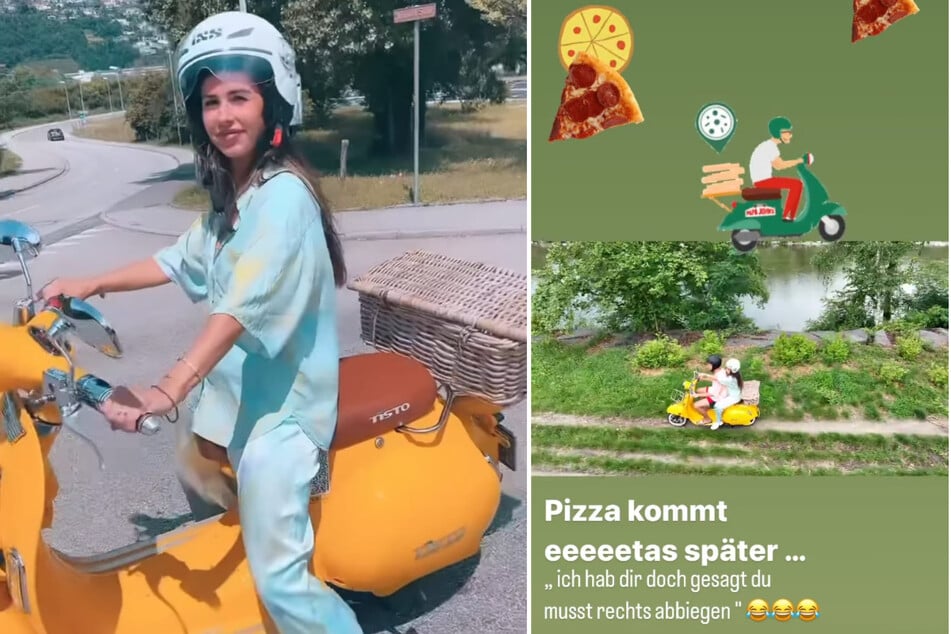 Sarah Engels probiert sich im Video unfreiwillig als Pizzalieferantin. (Fotomontage)
