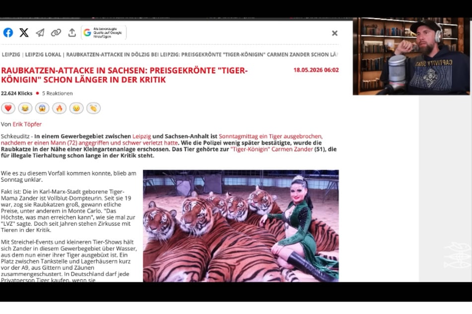In einem Livestream kommentierte der YouTuber und Meeresbiologe Robert Marc Lehmann (43) die Geschehnisse rund um den Tiger-Angriff in der Nähe Leipzigs.