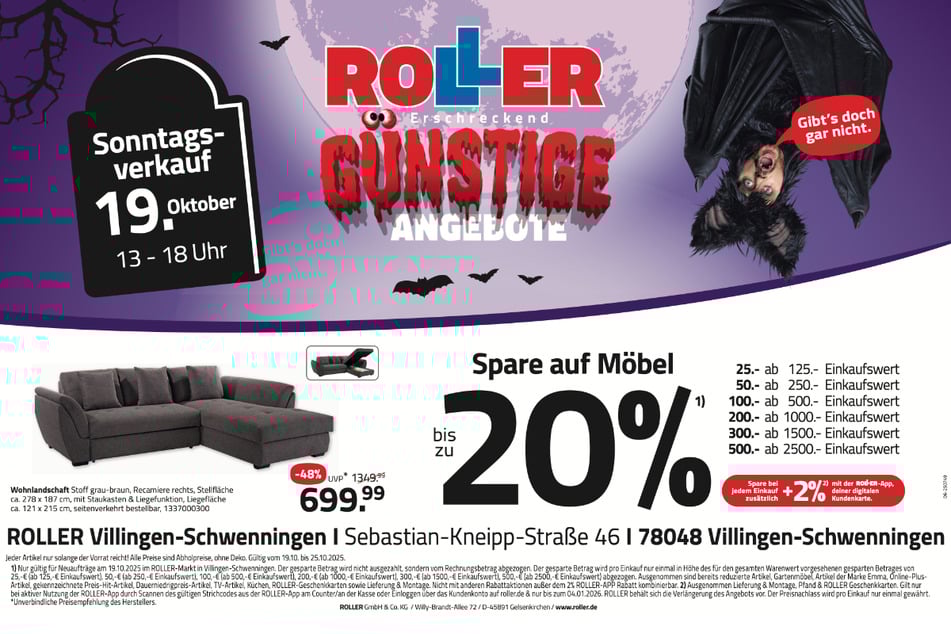 Zum verkaufsoffenen Sonntag (19.10.) bei ROLLER gibt's Wohnlandschaften 48 Prozent günstiger.