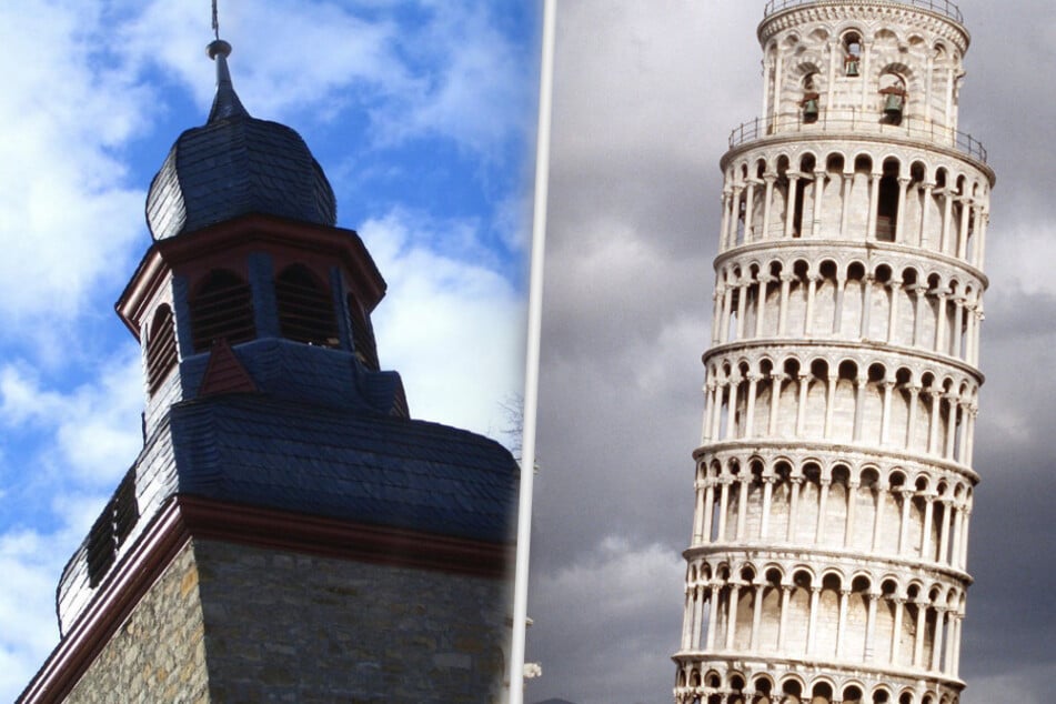 Der Schiefe Turm von Pisa (r.) ist der wohl bekannteste Baufehler der Welt. Der Glockenturm in Gau-Weinheim ist allerdings schiefer.