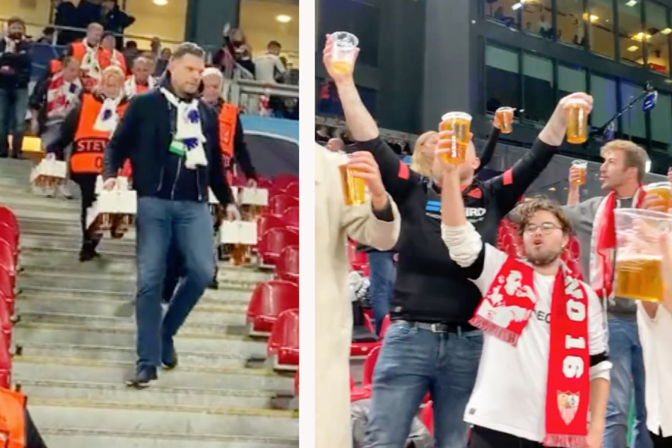 Zwei Kopenhagen-Anhänger und zahlreiche Stewards brachten den Sevilla-Fans das Bier.