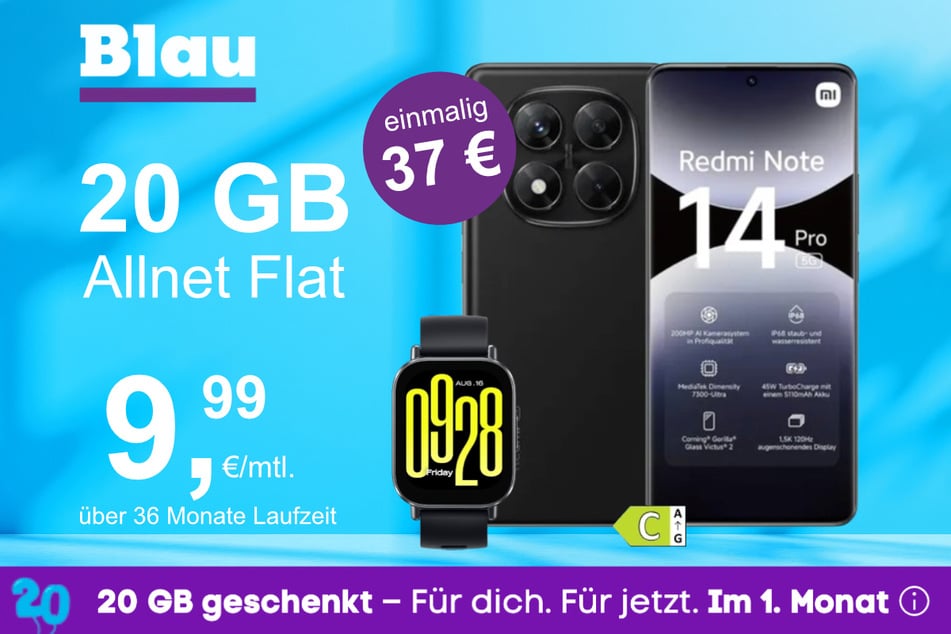 Das Xiaomi Redmi Note 14 Pro + Watch 5 Active im Blau Allnet M für einmalig 37 Euro.