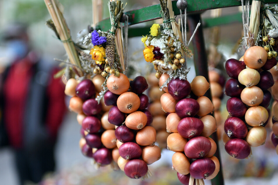 Ein wenig Normalität in schwierigen Zeiten: Die beliebten Zwiebelzöpfe sind an einem Marktstand des 367. Weimarer Zwiebelmarkts zu sehen.