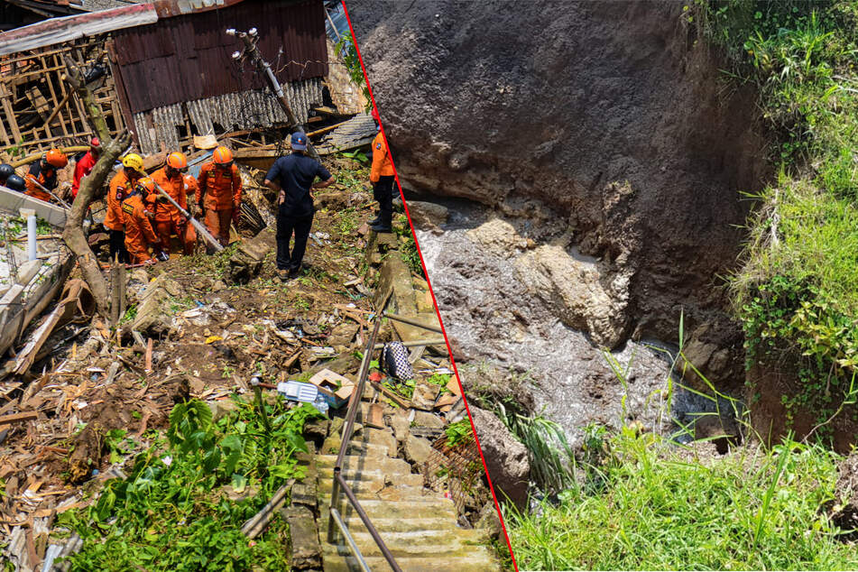 Rescuers search for landslide victims in Bogor City, Indonesia, 2022 (l.) and the unstable aftermath of a landslide in rural Rwanda, 2019 (r.).